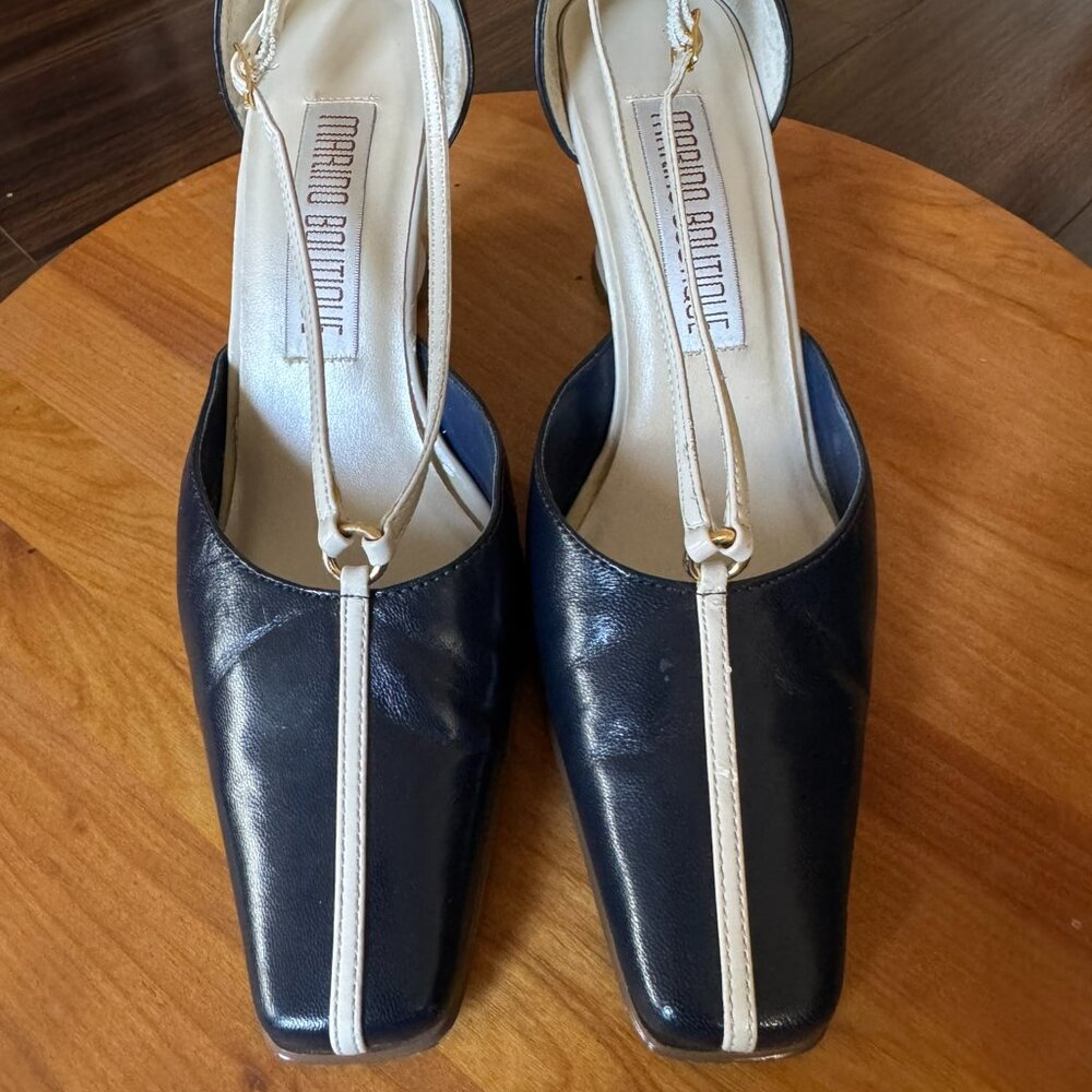 Strappy Blue & Cream Leather Wedge Heels -- Women’s 6.5 -- Nautical Preppy - Picture 2 of 10